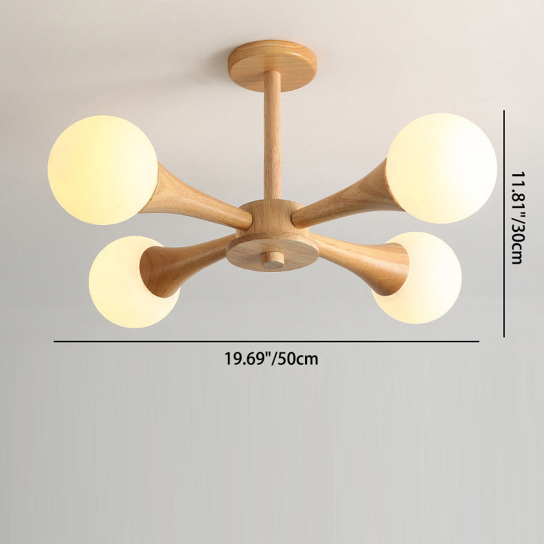 Rustic Japanese Wood Frame Glass Chandelier Light Fixture for Living Room