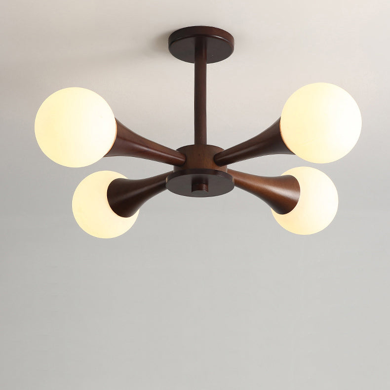 Rustic Japanese Wood Frame Glass Chandelier Light Fixture for Living Room