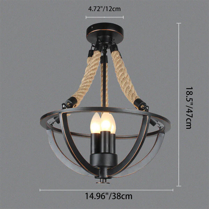 Rustic Industrial Iron 3-Light Twine Chandelier Pendant for Kitchen Island