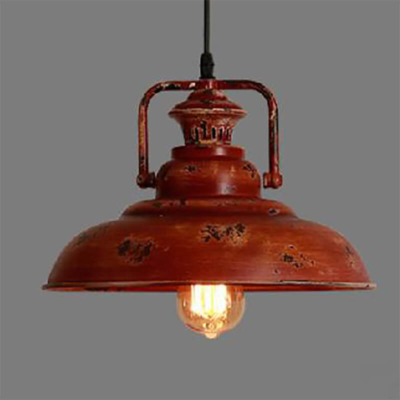 Vintage Red Rust Metal Dome Pendant Light for Kitchen or Dining Room