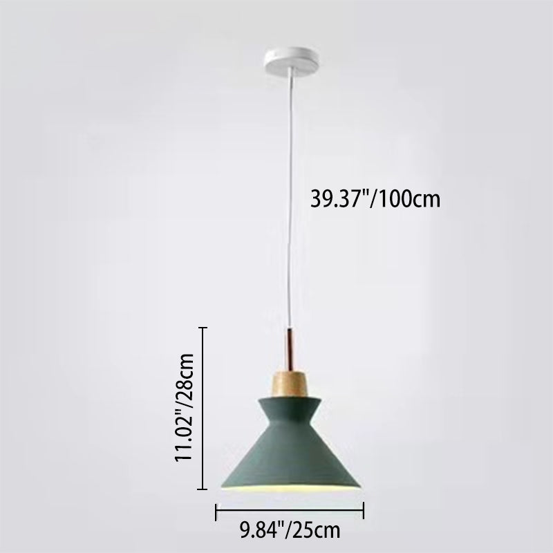 Scandinavian Oak Wood and Iron Cone Dome Pendant Light for Living Room