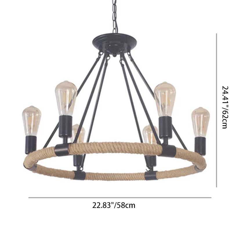 Rustic Farmhouse Hemp Rope Round Chandelier with Iron Hardware for Dining Room