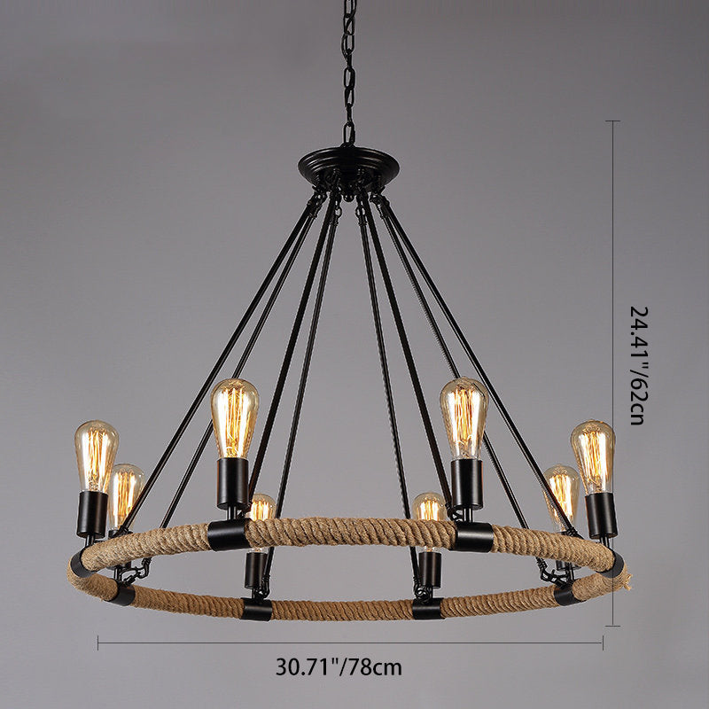 Rustic Farmhouse Hemp Rope Round Chandelier with Iron Hardware for Dining Room