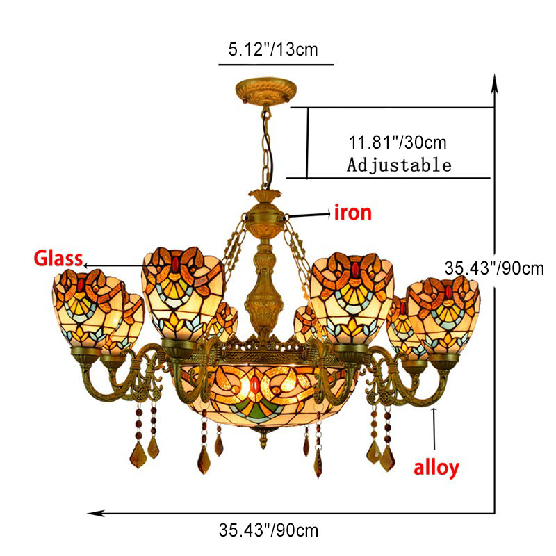 Vintage Tiffany Baroque Glass and Iron 8/11 Light Chandelier for Living Room
