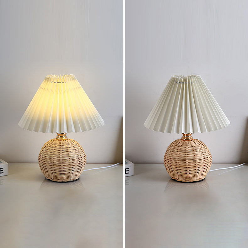 Scandinavian Rattan Pleated Conic LED Table Lamp for Modern Bedrooms