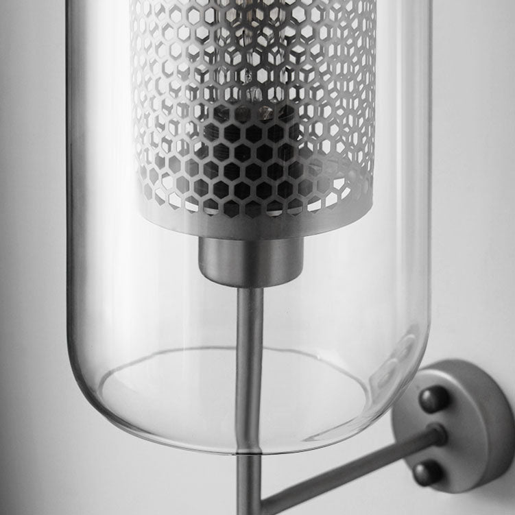 Industrial Iron Frame Wall Sconce with Cylinder Glass Shade for Bedroom