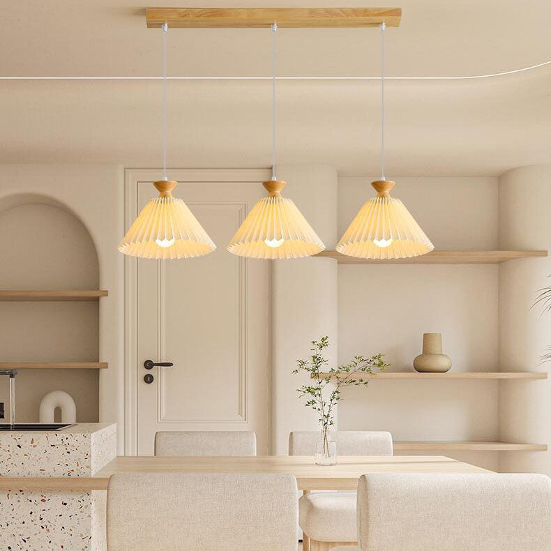 Traditional Japanese Pleated Cone Rubberwood Chandelier for Living Room