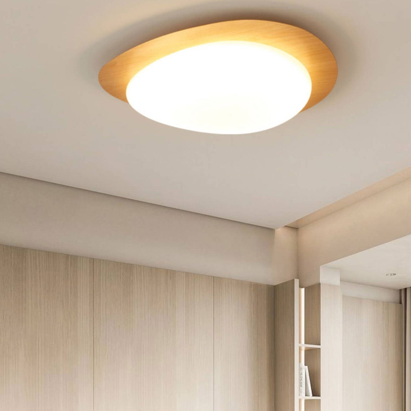 Nordic Oak Wood Grain Pebble LED Flush Mount Light for Living Room