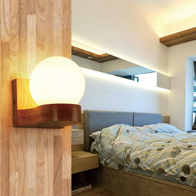 Modern Nordic Rubberwood Glass Ball 1/2-Light Wall Sconce for Bedroom