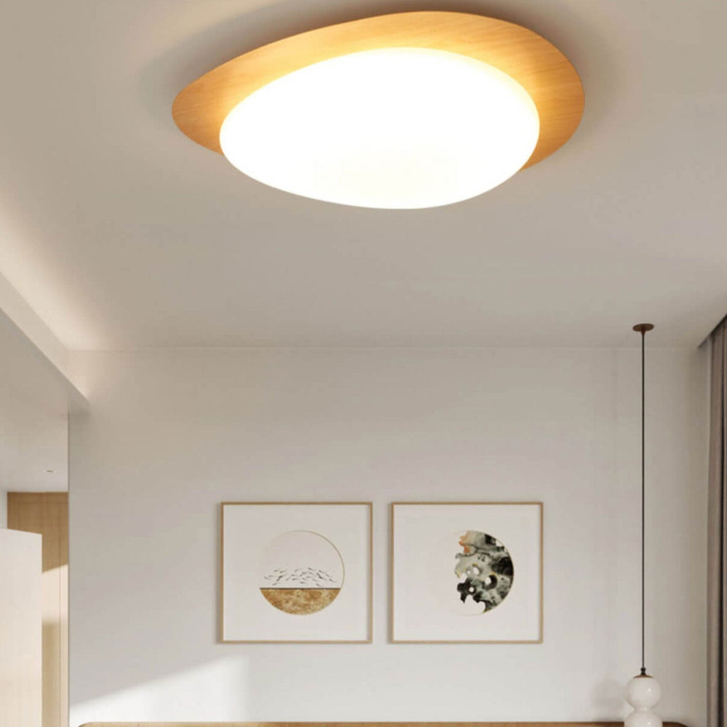 Nordic Oak Wood Grain Pebble LED Flush Mount Light for Living Room