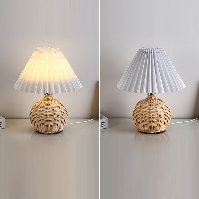 Scandinavian Rattan Pleated Conic LED Table Lamp for Modern Bedrooms