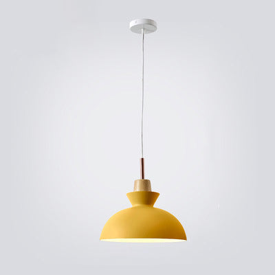 Scandinavian Oak Wood and Iron Cone Dome Pendant Light for Living Room