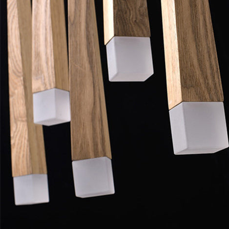Rustic Square Wooden LED Chandelier for Dining Room Island Lighting