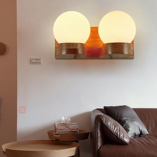 Modern Nordic Rubberwood Glass Ball 1/2-Light Wall Sconce for Bedroom