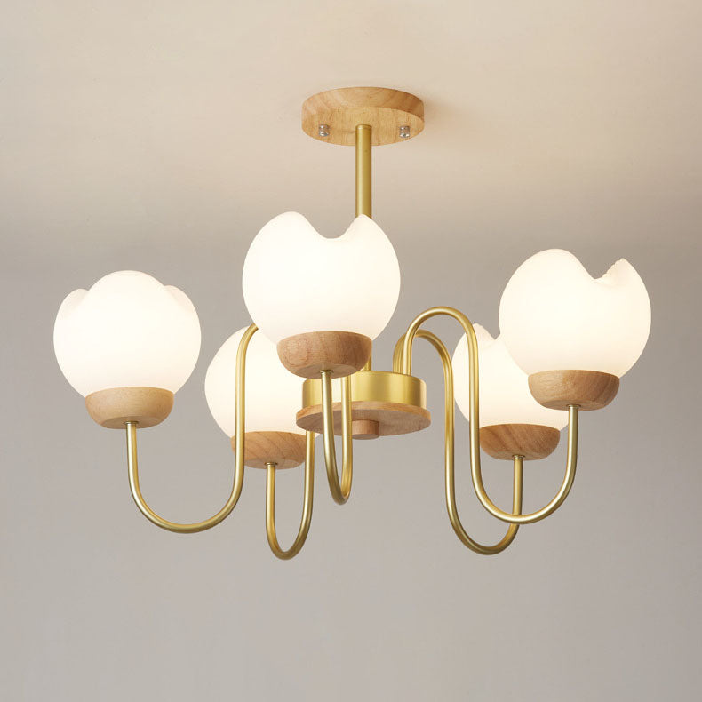 Modern Floral Metal and Rubberwood Chandelier Light for Living Room
