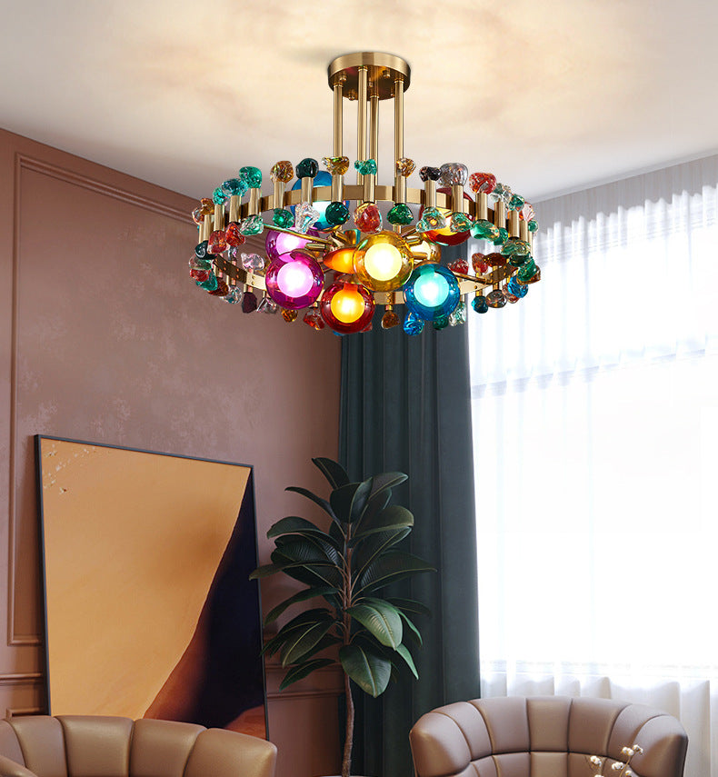 Modern Gold Finish Chandelier with Colorful Glass Shades for Living Room