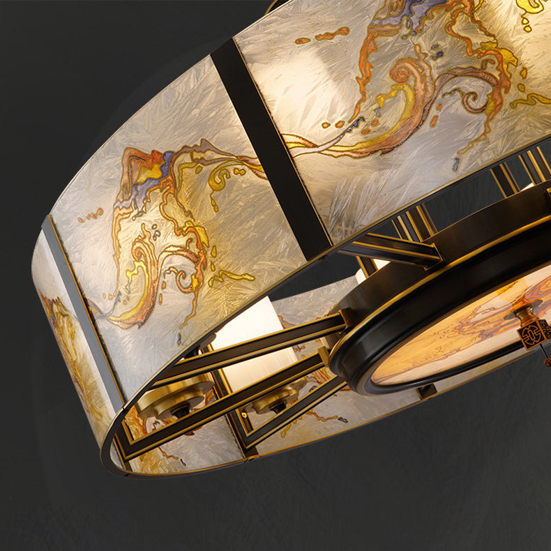 Traditional Brass Frame Enamel Glass Cylinder Chandelier for Living Room