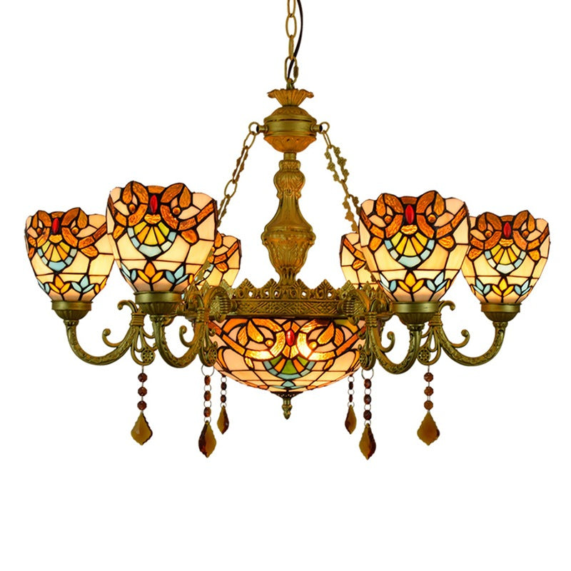 Vintage Tiffany Baroque Glass and Iron 8/11 Light Chandelier for Living Room