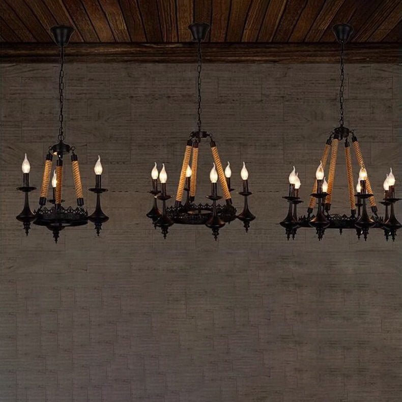 Rustic Iron and Hemp Rope Round Candelabra Chandelier for Living Room