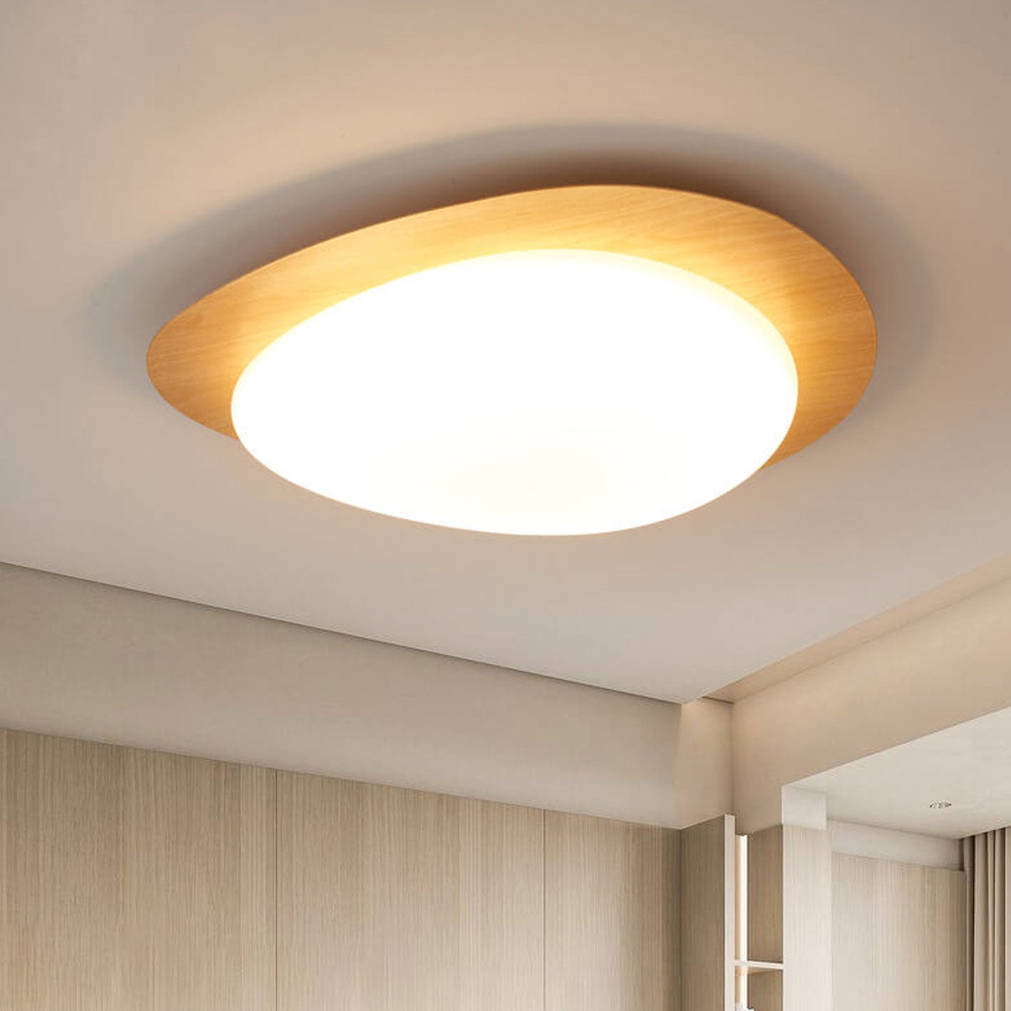 Nordic Oak Wood Grain Pebble LED Flush Mount Light for Living Room