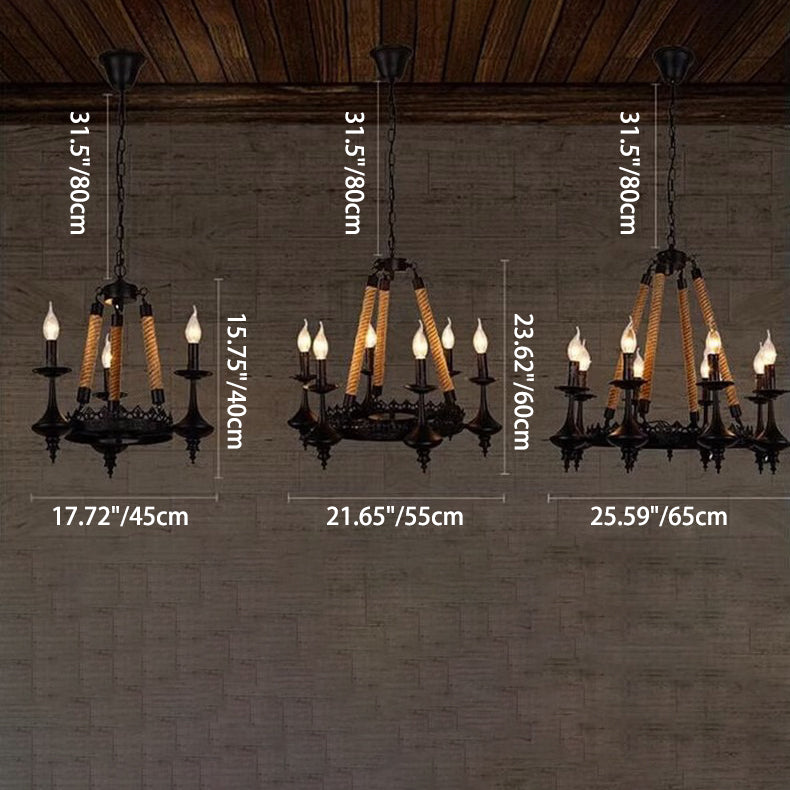 Rustic Iron and Hemp Rope Round Candelabra Chandelier for Living Room