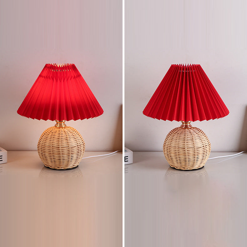 Scandinavian Rattan Pleated Conic LED Table Lamp for Modern Bedrooms