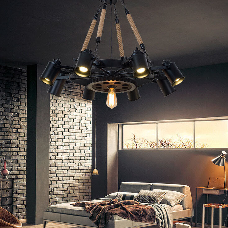 Industrial Retro Wrought Iron Hemp Rope Chandelier for Living Room