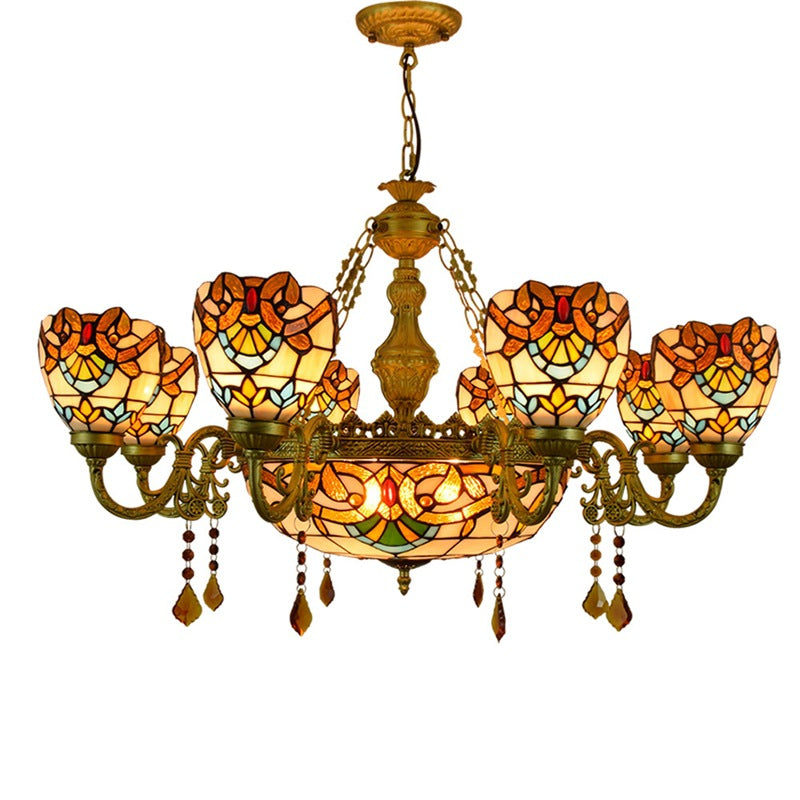 Vintage Tiffany Baroque Glass and Iron 8/11 Light Chandelier for Living Room