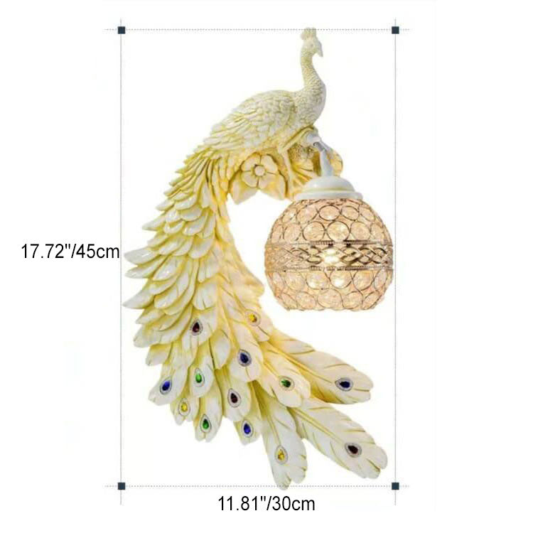 Vintage Ornate Peackcock Wall Sconce Lamp with Crystal Ball Shade for Living Room