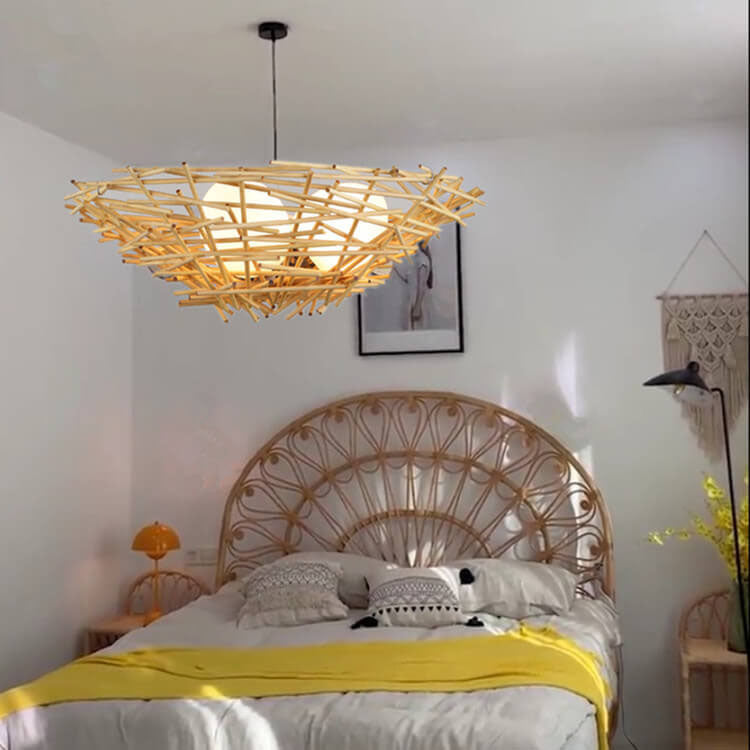 Natural Rattan Weaving Bird Nest 3-Light Chandelier for Boho Home Decor