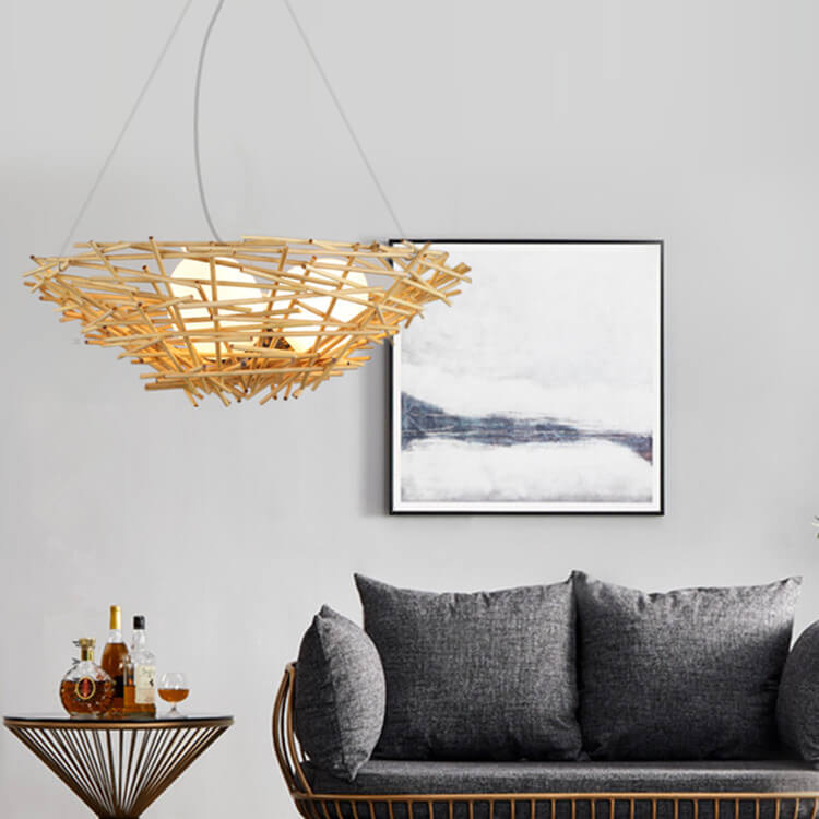 Natural Rattan Weaving Bird Nest 3-Light Chandelier for Boho Home Decor