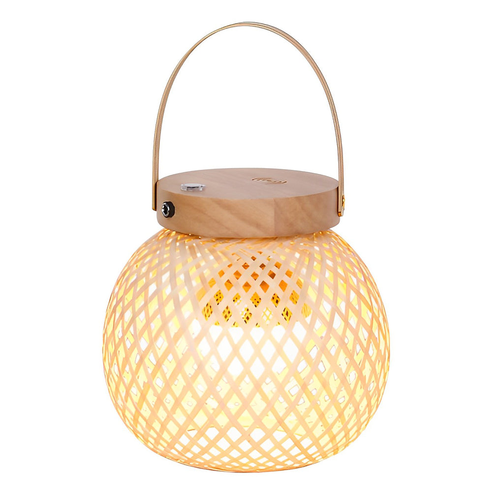 Rustic Natural Woven Bamboo Lantern Table Lamp with Handle for Cozy Home Decor