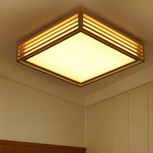 Natural Wood Square LED Flush Mount Ceiling Light for Japanese Tatami Room