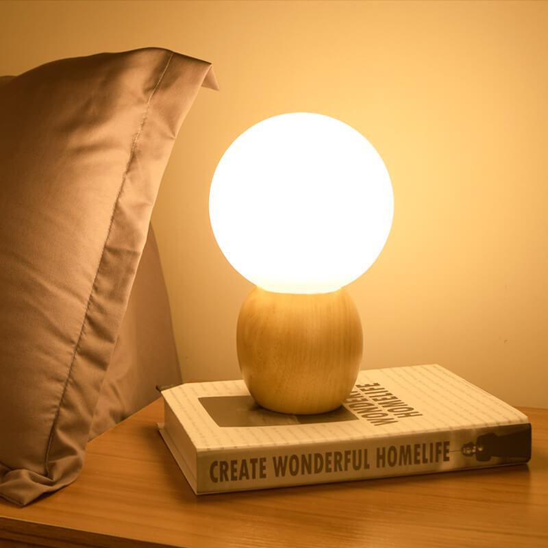 Nordic Style Solid Wood and Milk White Glass Orb 1-Light Table Lamp for Living Room