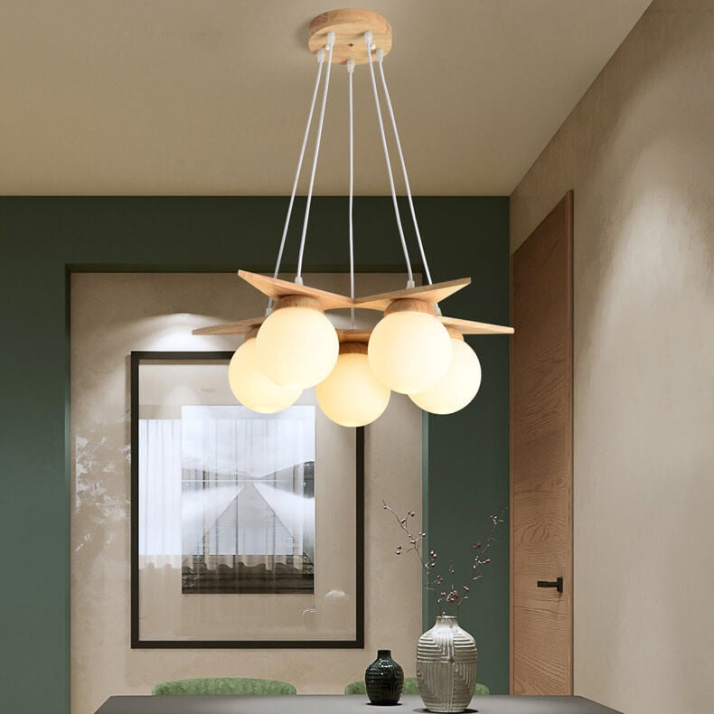 Modern Wood & Frosted Glass 3/5 Light Chandelier for Living Room