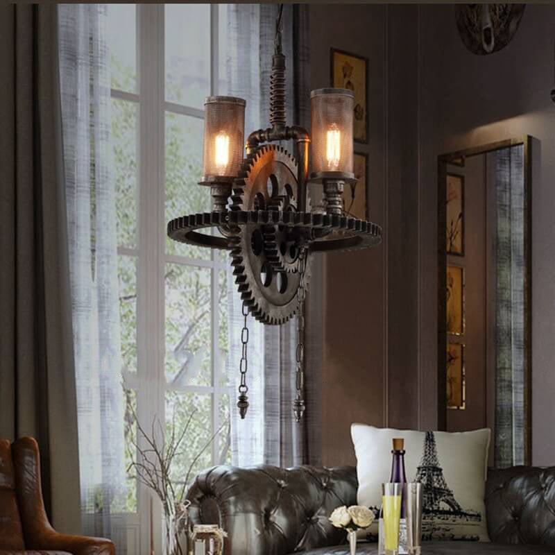 Rustic Vintage Industrial Iron Gear 2-Light Chandelier for Loft Spaces