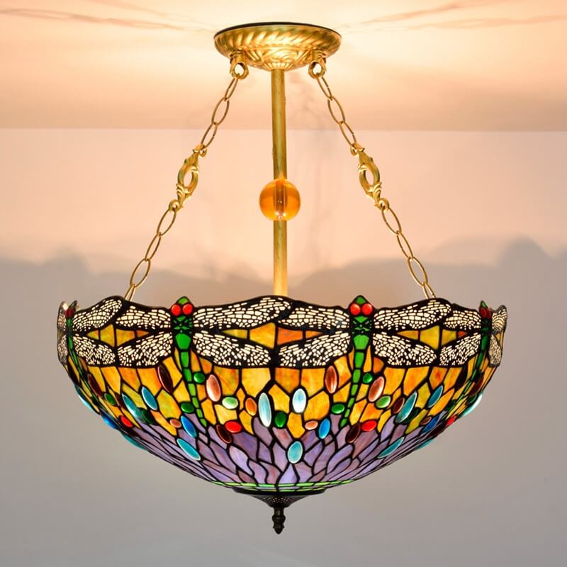Antique Tiffany Dragonfly Stained Glass 3-Light Chandelier for Dining Room