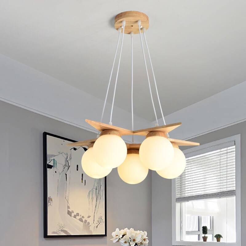 Modern Wood & Frosted Glass 3/5 Light Chandelier for Living Room