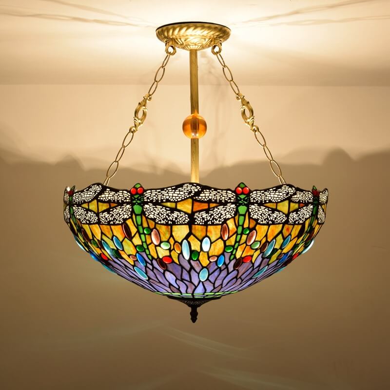 Antique Tiffany Dragonfly Stained Glass 3-Light Chandelier for Dining Room