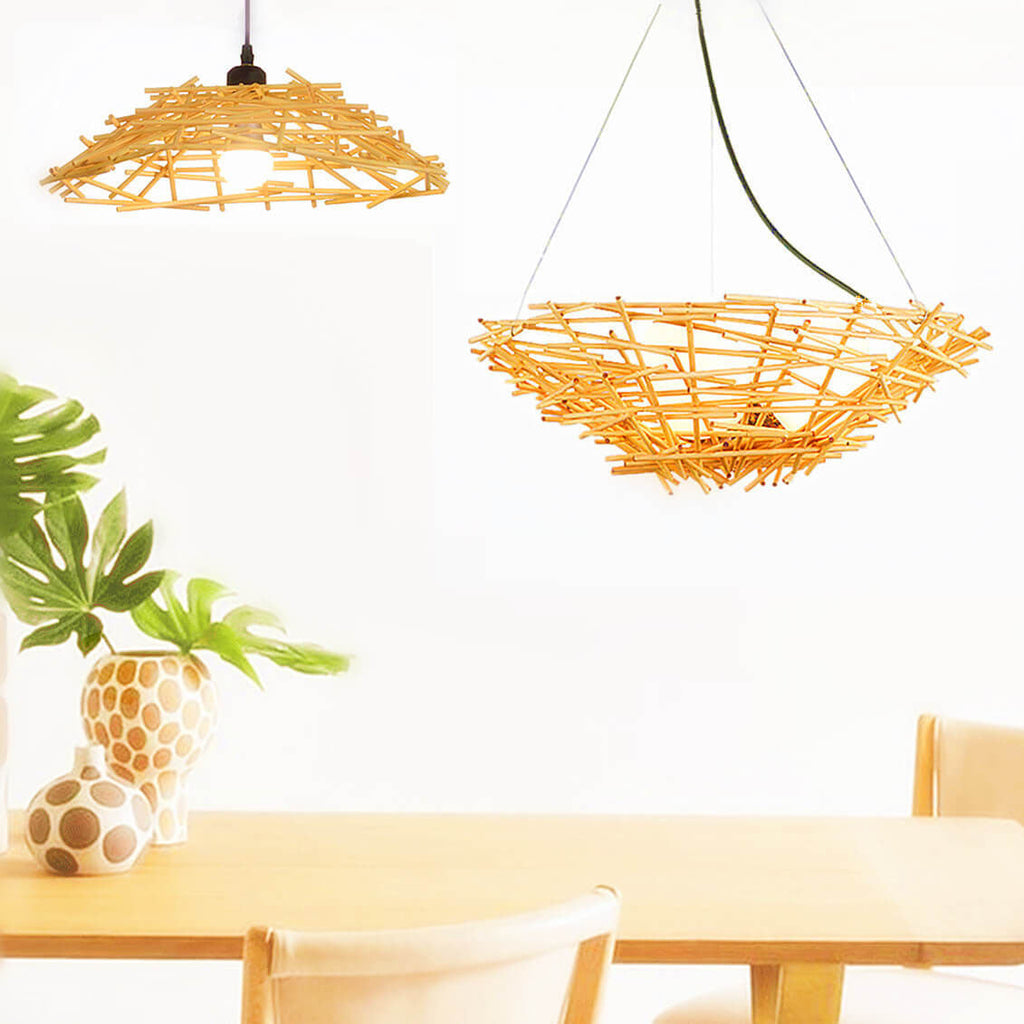 Natural Rattan Weaving Bird Nest 3-Light Chandelier for Boho Home Decor