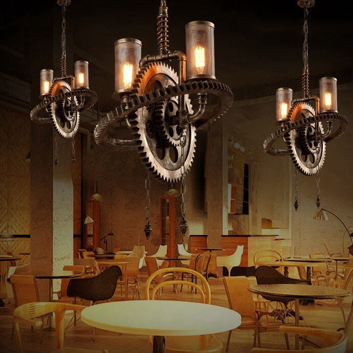 Rustic Vintage Industrial Iron Gear 2-Light Chandelier for Loft Spaces