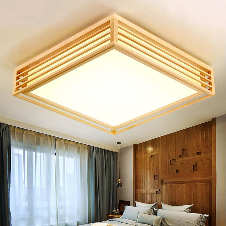 Natural Wood Square LED Flush Mount Ceiling Light for Japanese Tatami Room