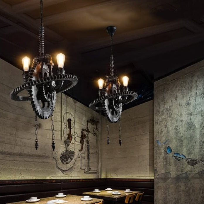 Rustic Vintage Industrial Iron Gear 2-Light Chandelier for Loft Spaces