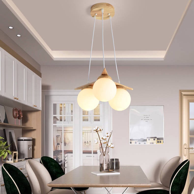 Modern Wood & Frosted Glass 3/5 Light Chandelier for Living Room