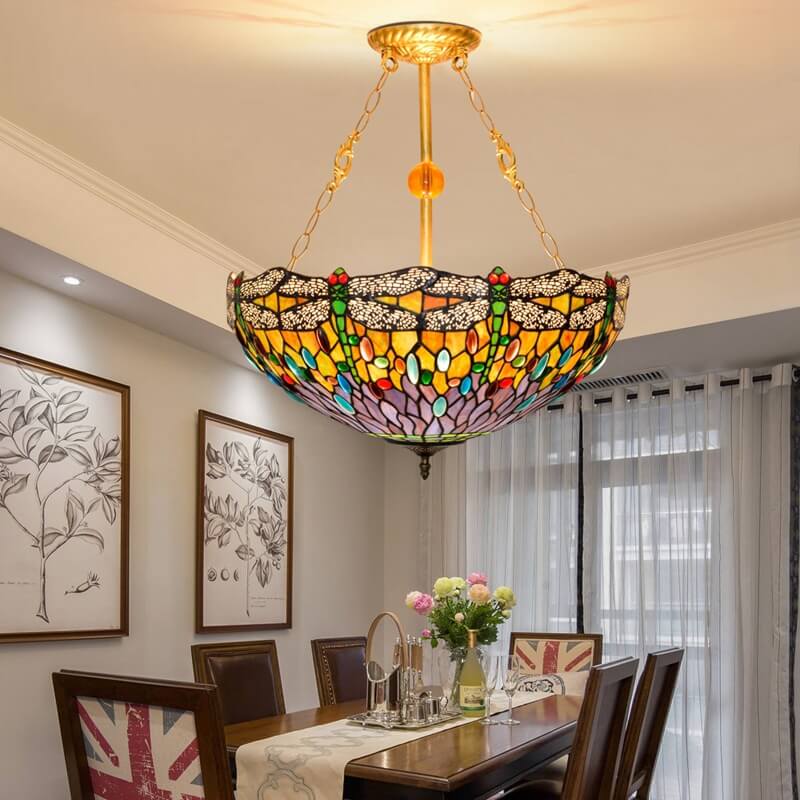 Antique Tiffany Dragonfly Stained Glass 3-Light Chandelier for Dining Room