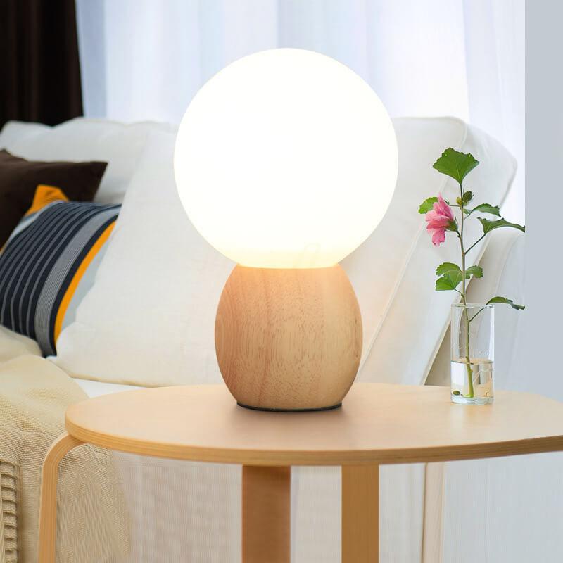 Nordic Style Solid Wood and Milk White Glass Orb 1-Light Table Lamp for Living Room