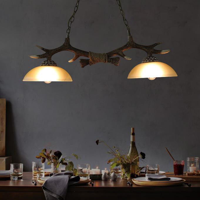Antler-Inspired Vintage Resin Glass Bowl 2-Light Chandelier for Rustic Decor