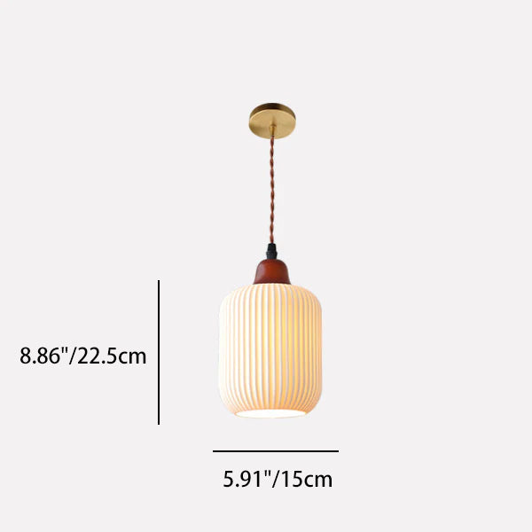 Japanese Ceramic Pleated Dome Pendant Light in Wood & Iron for Home