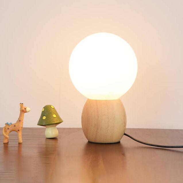 Nordic Style Solid Wood and Milk White Glass Orb 1-Light Table Lamp for Living Room