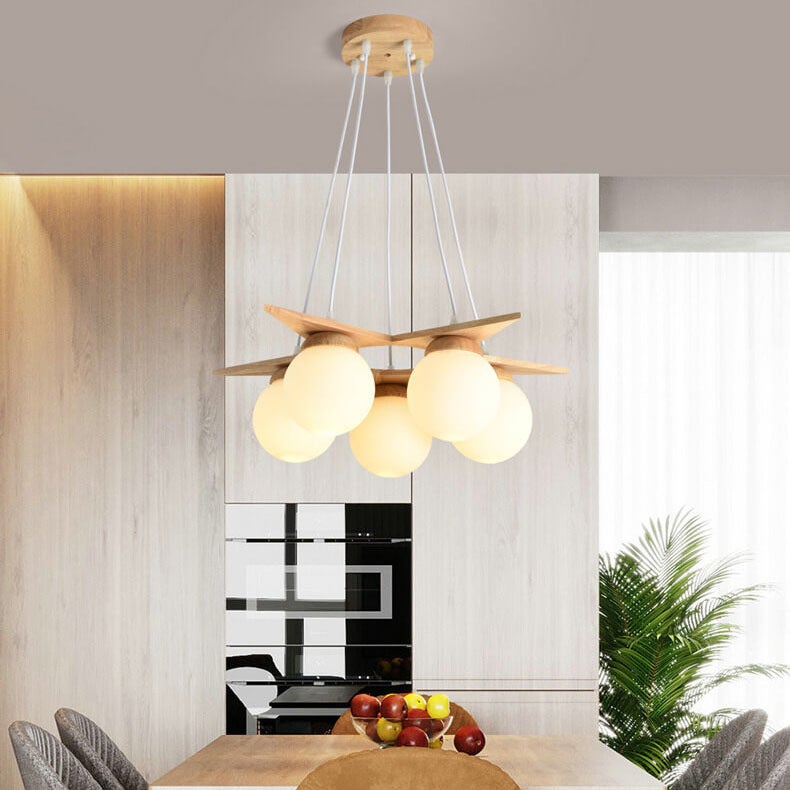 Modern Wood & Frosted Glass 3/5 Light Chandelier for Living Room